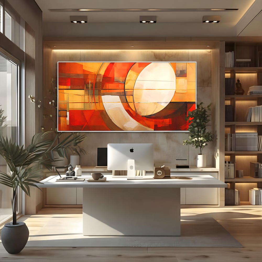 Tablou canvas cu tablou canvas cu pictura abstracta geometrica, in rama de aluminiu argintiu, pe perete intr-un birou